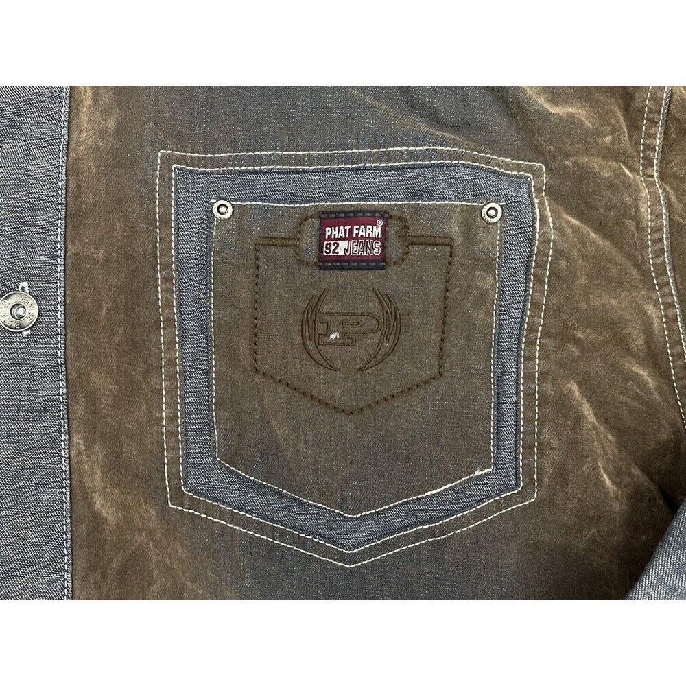 Vtg Phat Farm Shirt Denim Suede Button Down Distressed Worn XL Look Spell Out - Picture 4 of 14